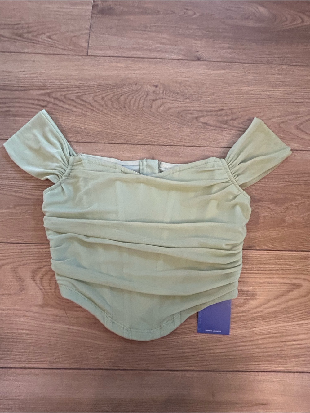 NWT Floerns Ruched Off Shoulder Crop Top Sage Green Zip Front NWT Small